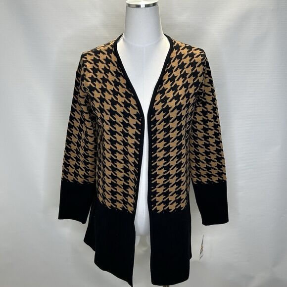 Charter Club Women’s Size Small Brown Black Houndstooth Open Duster Cardigan NEW - Picture 1 of 9